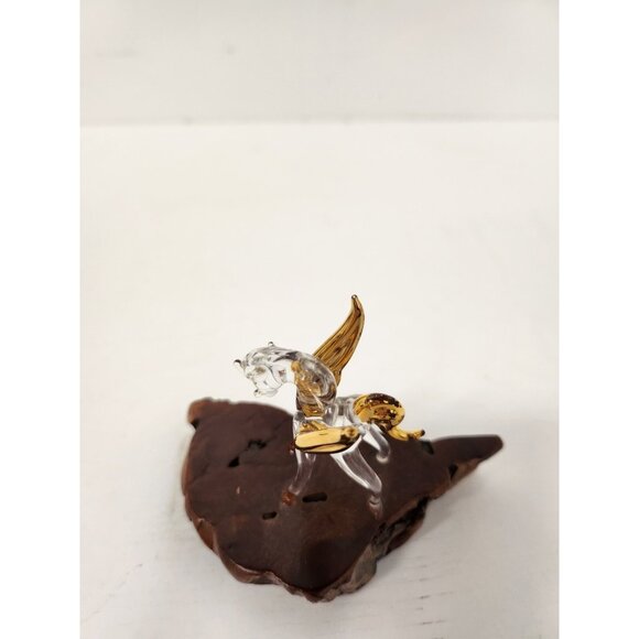 Vintage Crystal Glass Clear Gold Pegasusus Figurine Miniature Wood Pedestal - Picture 6 of 9